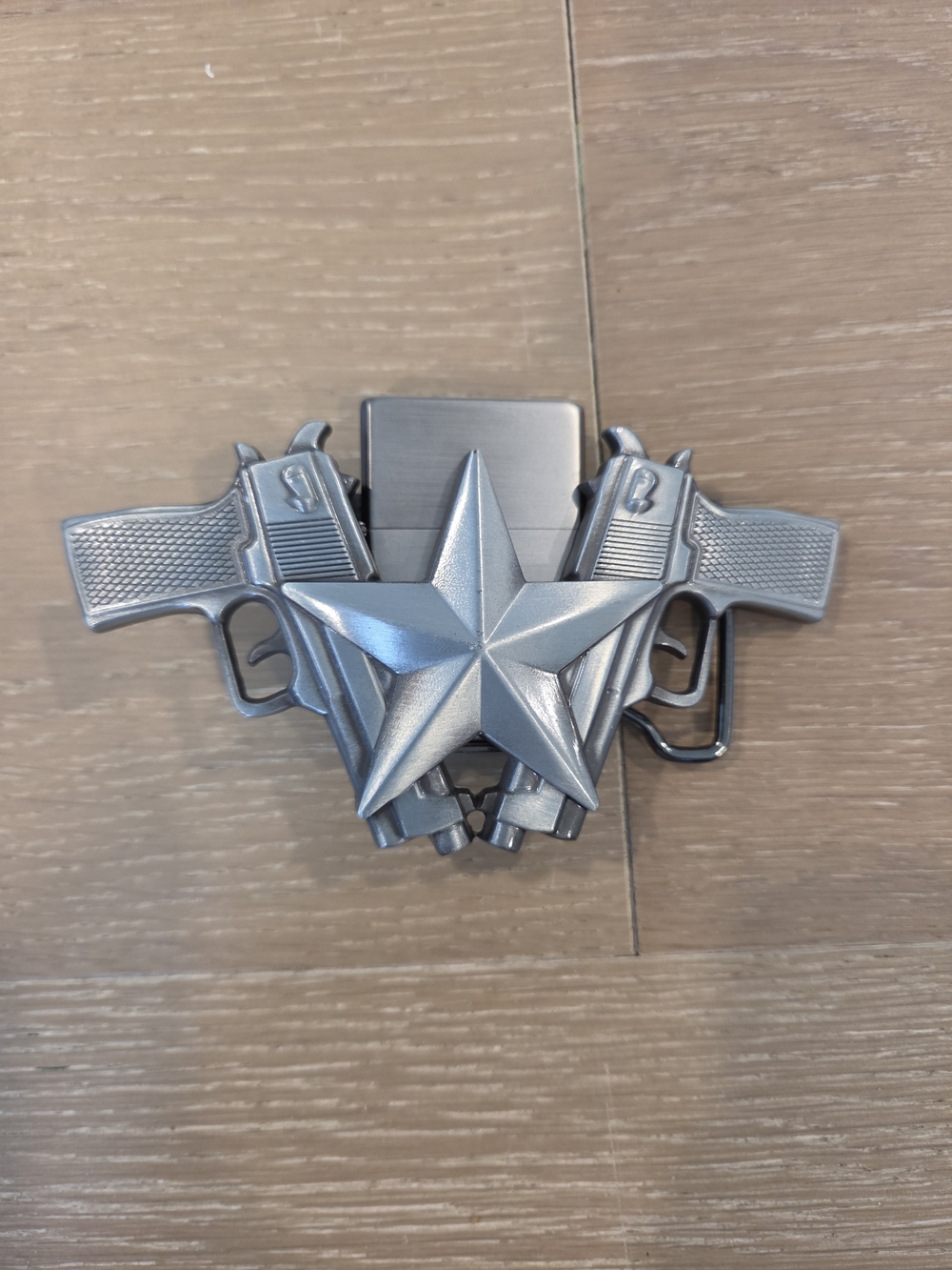Western Star Crossed Pistols Belt Buckle with Refillable Lighter Gunmetal
